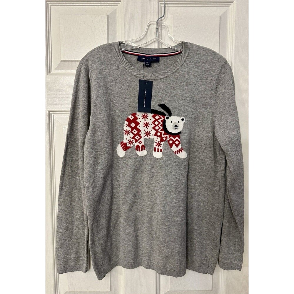 NEW Tommy Hilfiger Polar Bear Pullover womens Sweater Shirt Crewneck Grey LARGE